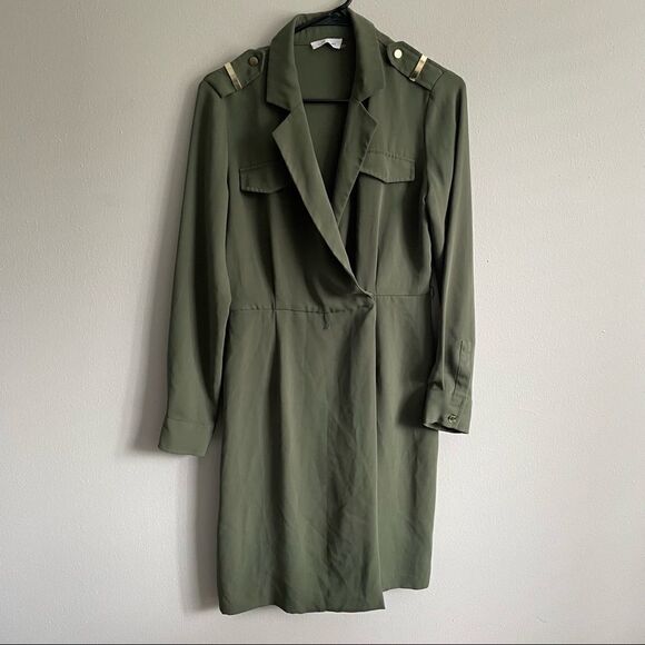 Calvin Klein CL Army Olive Green Wrap Dress with Gold epaulettes - Picture 6 of 16